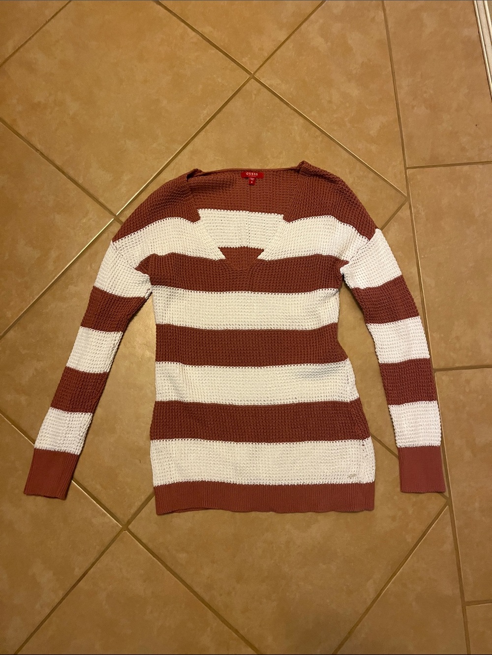 Guess Striped Rust and White Women's Knit Sweater